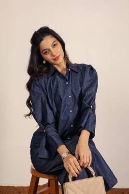 dark blue solid denim cotton collared shirt with wideleg trouser co-ord set 6