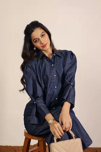 dark blue solid denim cotton collared shirt with wideleg trouser co-ord set