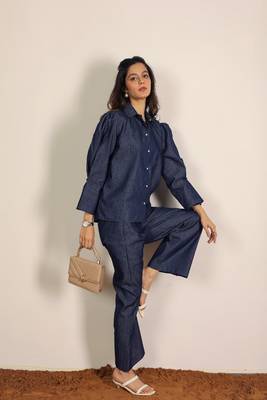 dark blue solid denim cotton collared shirt with wideleg trouser co-ord set 7