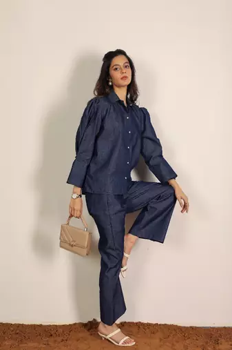 dark blue solid denim cotton collared shirt with wideleg trouser co-ord set