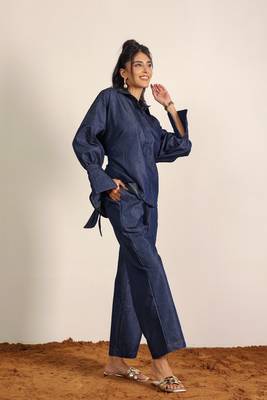 Dark blue solid denim cotton full sleeves shirt with wideleg trouser co-ord set 1