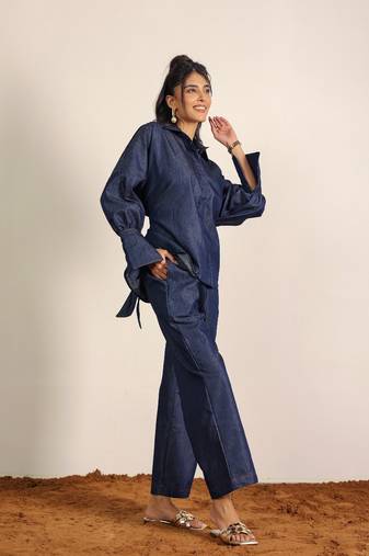 Dark blue solid denim cotton full sleeves shirt with wideleg trouser co-ord set