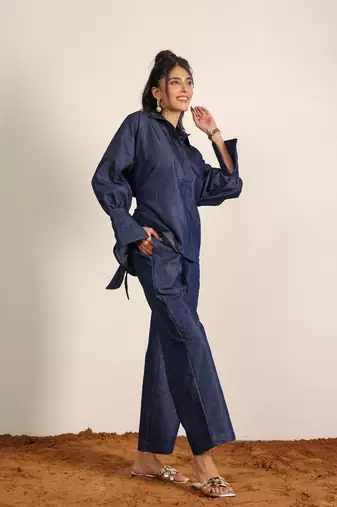 Dark blue solid denim cotton full sleeves shirt with wideleg trouser co-ord set