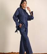 Dark blue solid denim cotton full sleeves shirt with wideleg trouser co-ord set