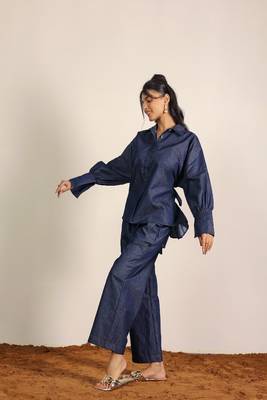 Dark blue solid denim cotton full sleeves shirt with wideleg trouser co-ord set 2
