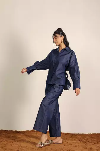 Dark blue solid denim cotton full sleeves shirt with wideleg trouser co-ord set
