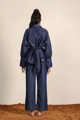 Dark blue solid denim cotton full sleeves shirt with wideleg trouser co-ord set