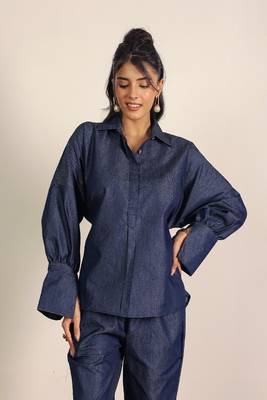 Dark blue solid denim cotton full sleeves shirt with wideleg trouser co-ord set 4