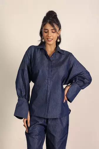 Dark blue solid denim cotton full sleeves shirt with wideleg trouser co-ord set