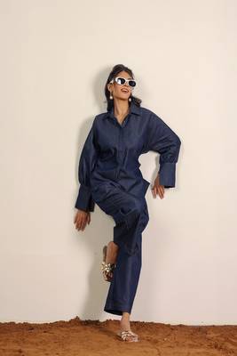 Dark blue solid denim cotton full sleeves shirt with wideleg trouser co-ord set 5