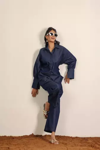Dark blue solid denim cotton full sleeves shirt with wideleg trouser co-ord set