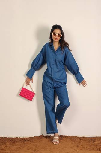 Blue & back solid denim cotton tie shirt with wideleg trouser co-ord set