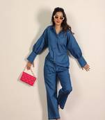 Blue & back solid denim cotton tie shirt with wideleg trouser co-ord set