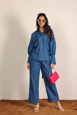 Blue & back solid denim cotton tie shirt with wideleg trouser co-ord set 2