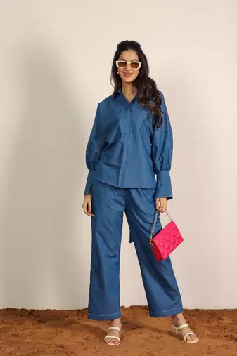 Blue & back solid denim cotton tie shirt with wideleg trouser co-ord set