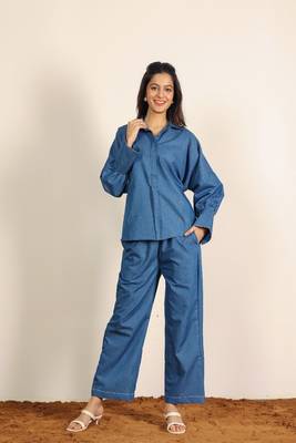 Blue & back solid denim cotton tie shirt with wideleg trouser co-ord set 3