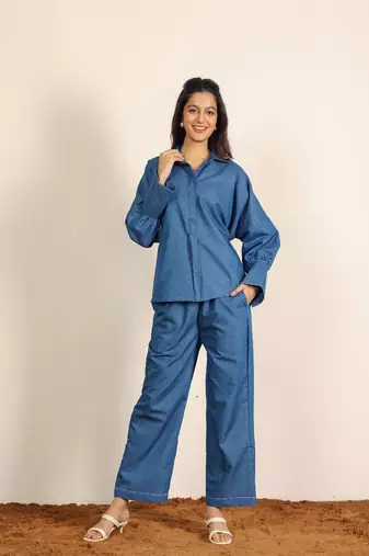 Blue & back solid denim cotton tie shirt with wideleg trouser co-ord set