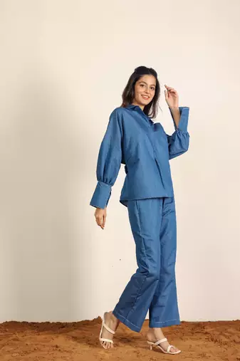 Blue & back solid denim cotton tie shirt with wideleg trouser co-ord set