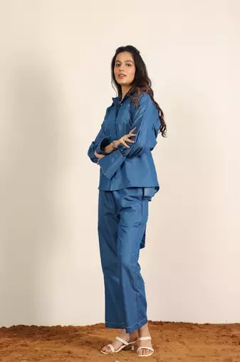 Blue & back solid denim cotton tie shirt with wideleg trouser co-ord set
