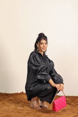 Black solid denim cotton full sleeves shirt with wideleg trouser co-ord set 3