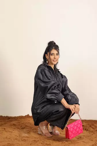 Black solid denim cotton full sleeves shirt with wideleg trouser co-ord set