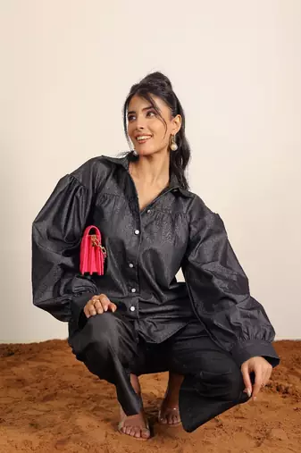 Black solid denim cotton full sleeves shirt with wideleg trouser co-ord set