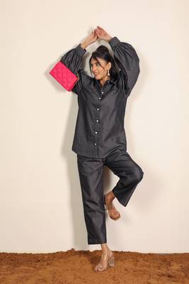 Black solid denim cotton full sleeves shirt with wideleg trouser co-ord set 1
