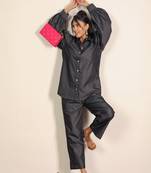 Black solid denim cotton full sleeves shirt with wideleg trouser co-ord set