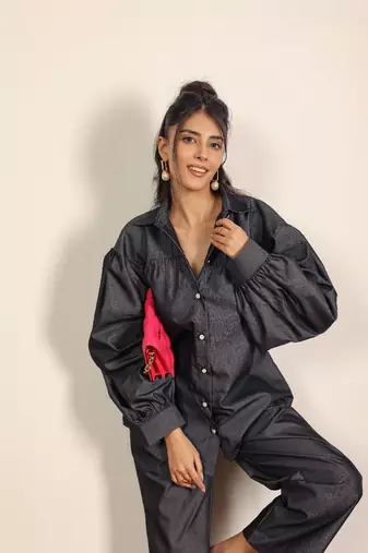 Black solid denim cotton full sleeves shirt with wideleg trouser co-ord set