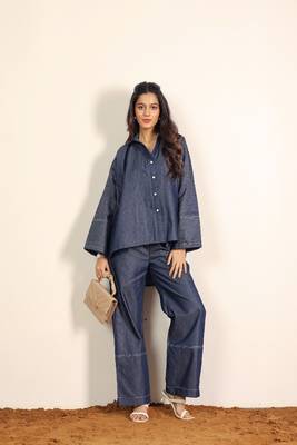 Dark blue solid cotton denim oversized long shirts with widelegs pant co-ord set 1