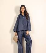 Dark blue solid cotton denim oversized long shirts with widelegs pant co-ord set