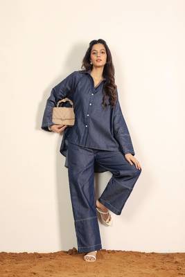 Dark blue solid cotton denim oversized long shirts with widelegs pant co-ord set 3
