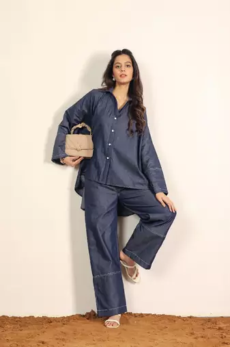 Dark blue solid cotton denim oversized long shirts with widelegs pant co-ord set
