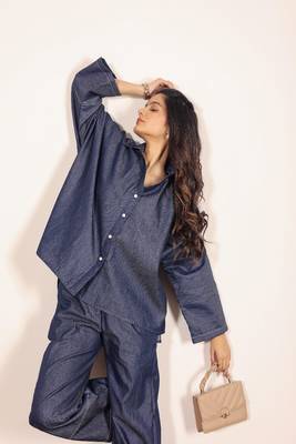 Dark blue solid cotton denim oversized long shirts with widelegs pant co-ord set 4