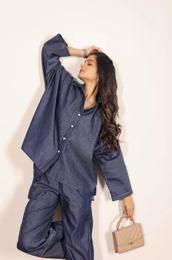 Dark blue solid cotton denim oversized long shirts with widelegs pant co-ord set