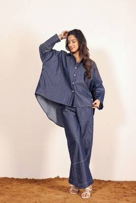 Dark blue solid cotton denim oversized long shirts with widelegs pant co-ord set 5