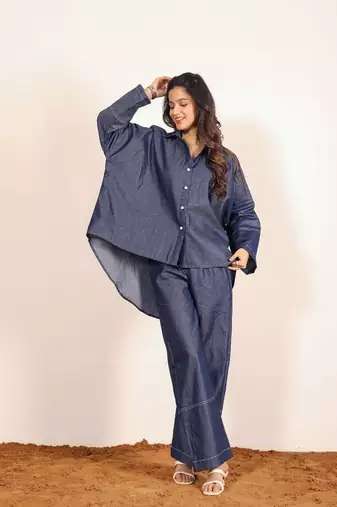 Dark blue solid cotton denim oversized long shirts with widelegs pant co-ord set