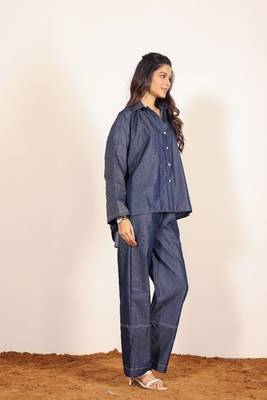 Dark blue solid cotton denim oversized long shirts with widelegs pant co-ord set 6