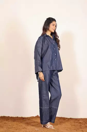 Dark blue solid cotton denim oversized long shirts with widelegs pant co-ord set