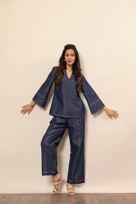 Dark blue solid cotton denim short kurta top with widelegs pant co-ord set 1