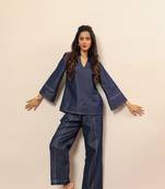 Dark blue solid cotton denim short kurta top with widelegs pant co-ord set