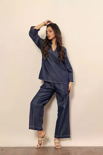 Dark blue solid cotton denim short kurta top with widelegs pant co-ord set