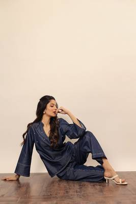 Dark blue solid cotton denim short kurta top with widelegs pant co-ord set 4