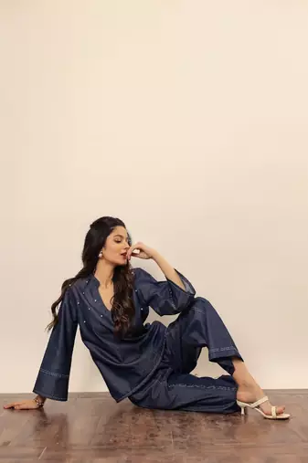 Dark blue solid cotton denim short kurta top with widelegs pant co-ord set