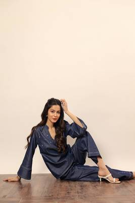 Dark blue solid cotton denim short kurta top with widelegs pant co-ord set 5