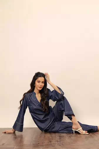 Dark blue solid cotton denim short kurta top with widelegs pant co-ord set