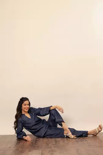 Dark blue solid cotton denim short kurta top with widelegs pant co-ord set