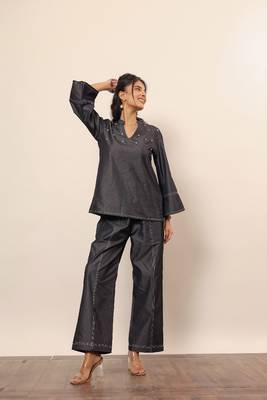 Black cotton denim solid short kurta top with widelegs pant co-ord set 1