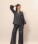 Black cotton denim solid short kurta top with widelegs pant co-ord set