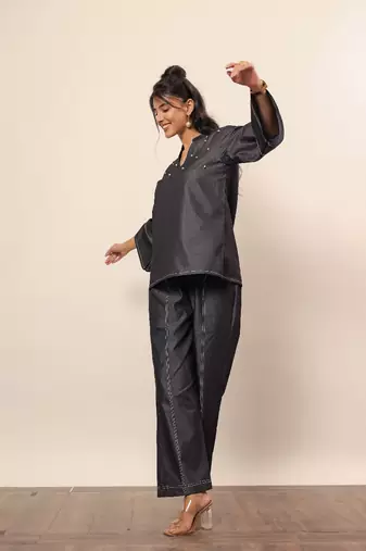 Black cotton denim solid short kurta top with widelegs pant co-ord set